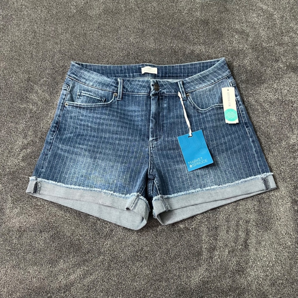 NEW Market & Spruce Stitch Fix Blue Pinstripe Cuffed Denim Shorts Womens 12